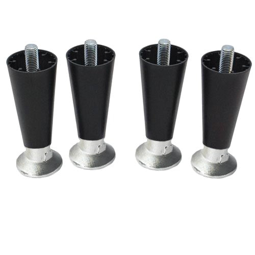 Four black and silver adjustable legs stand upright in a row. Each leg, ideal for Scotsman HID models, features a tapered black plastic body, wide round silver metal base, and a protruding threaded metal screw at the top for attachment.