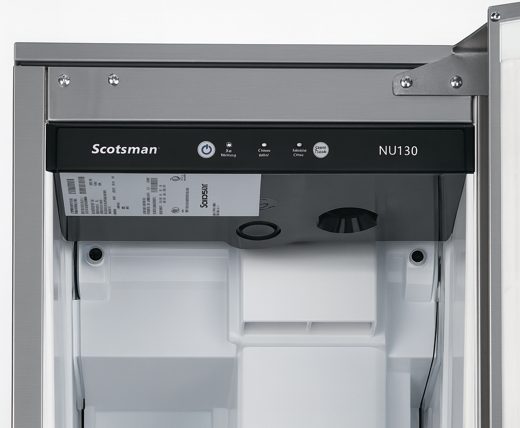 Close-up of the inside upper section of a Scotsman Nugget ice maker, showing the control panel with buttons and indicator lights, a label with information, and part of the white ice bin below. Stainless steel and plastic materials are visible.