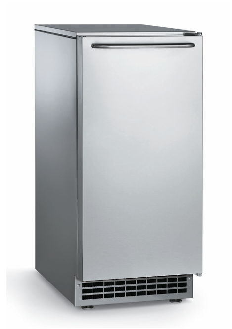 A modern stainless steel under-counter nugget style ice maker with a sleek, rectangular shape. The front features a solid door with a horizontal handle at the top, vent grille at the bottom, and stands on small adjustable feet.
