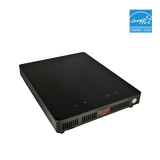 A black portable induction cooktop with touch controls and vent slots. The display features the brand “Sunblaze” and three touch icons. This ENERGY STAR countertop cooktop is energy efficient, with a white background highlighting its sleek design.