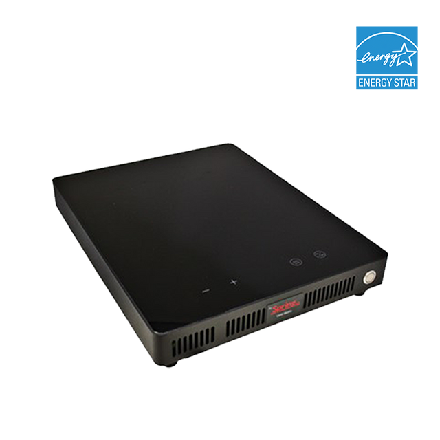 A black portable induction cooktop with touch controls and vent slots. The display features the brand “Sunblaze” and three touch icons. This ENERGY STAR countertop cooktop is energy efficient, with a white background highlighting its sleek design.