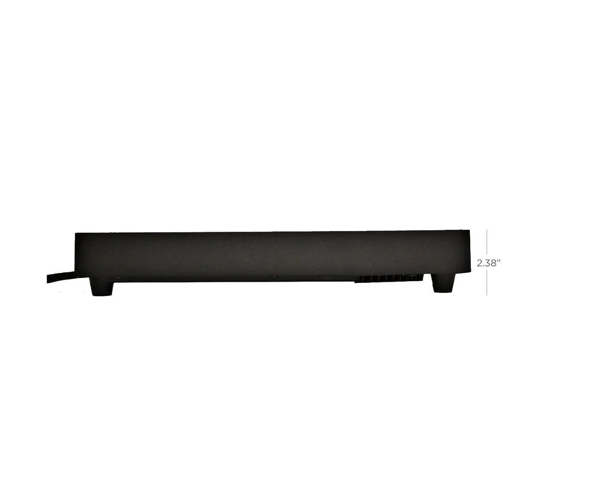 Side view of a rectangular, black countertop cooktop with four short legs, a power cord on the left, and a measurement line showing its 2.38-inch height. The background is plain white.