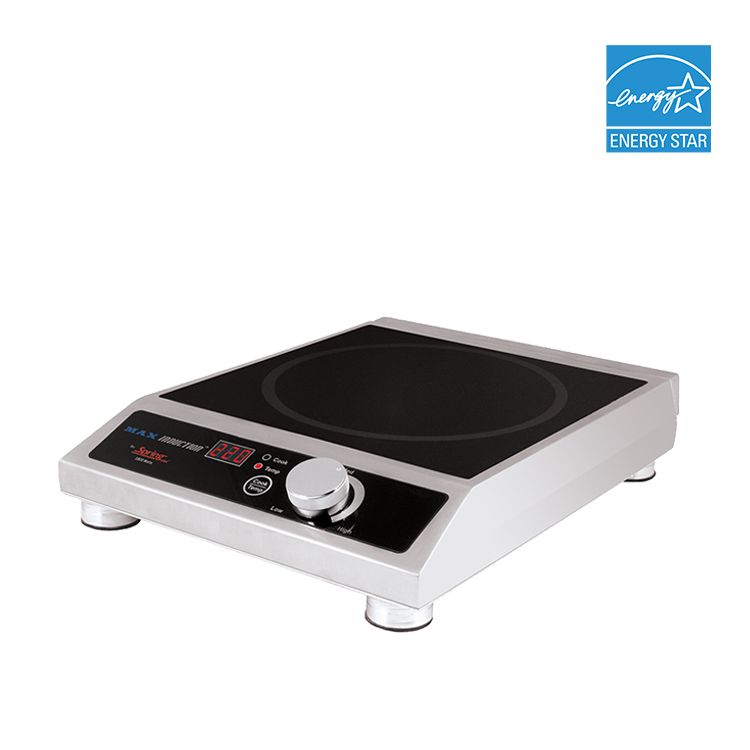 A black and silver electric induction cooktop with SmartScan technology, digital display, control knob, and buttons on the front panel. The rectangular unit with rounded edges sits on four short legs, featuring the Energy Star logo in the top right corner.
