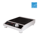 A black and silver electric induction cooktop with SmartScan technology, digital display, control knob, and buttons on the front panel. The rectangular unit with rounded edges sits on four short legs, featuring the Energy Star logo in the top right corner.