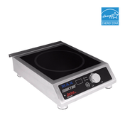A single-burner MAX commercial induction cooker with a black glass surface, silver metal body, control knob, and LED indicators. The ENERGY STAR logo appears in the top right corner. This countertop range is shown on a plain white background.