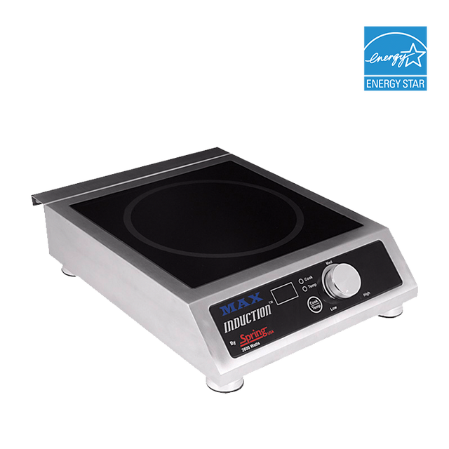 A single-burner MAX commercial induction cooker with a black glass surface, silver metal body, control knob, and LED indicators. The ENERGY STAR logo appears in the top right corner. This countertop range is shown on a plain white background.