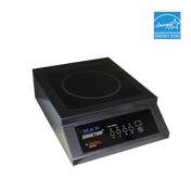 A black Max Induction countertop induction cooktop with SmartScan technology, digital control panel, circular cooking surface, and the Sprint logo is angled against a white background. An ENERGY STAR logo in the top right corner highlights energy efficiency.