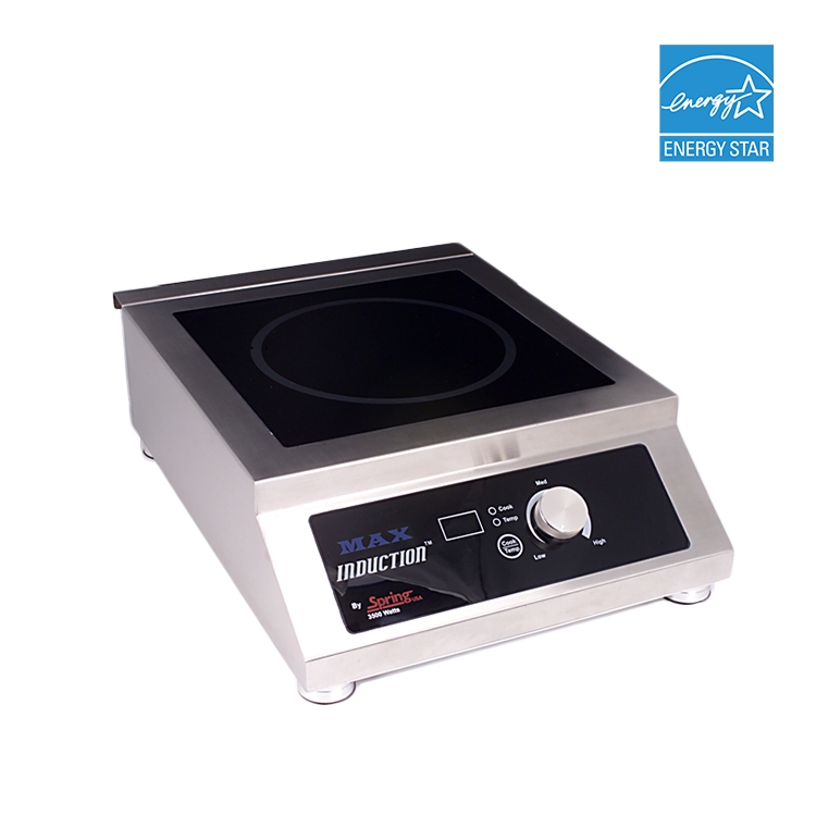 A stainless steel countertop induction cooktop with a black glass surface features MAX INDUCTION branding, SmartScan technology for precise heating, and a control panel with rotary dial and buttons. The Energy Star logo is at the top right on a light gray background.