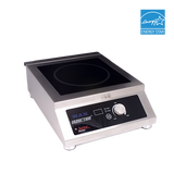 A stainless steel countertop induction cooktop with a black glass surface features MAX INDUCTION branding, SmartScan technology for precise heating, and a control panel with rotary dial and buttons. The Energy Star logo is at the top right on a light gray background.