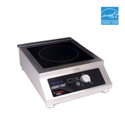 A stainless steel countertop induction cooktop with a black glass surface features MAX INDUCTION branding, SmartScan technology for precise heating, and a control panel with rotary dial and buttons. The Energy Star logo is at the top right on a light gray background.