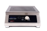 The stainless steel MAX Induction Cook & Hold Range by Spring USA is a countertop induction cooktop featuring a black control panel, digital display, large dial, two buttons, and SmartScan technology for precise cooking from low to high.