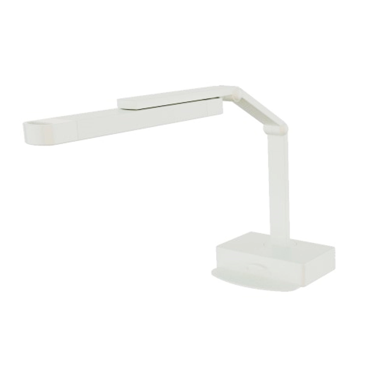 A modern, white, adjustable desk lamp with a flat rectangular base and an L-shaped arm. The multi-position arm bends at two joints for flexible light placement. Its minimalistic, functional design features a slim, rectangular light source.