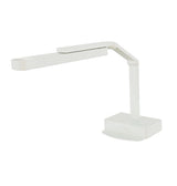 A modern, white, adjustable desk lamp with a flat rectangular base and an L-shaped arm. The multi-position arm bends at two joints for flexible light placement. Its minimalistic, functional design features a slim, rectangular light source.