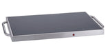 A rectangular warming tray with a stainless steel body, tempered glass surface, two metal side handles, and a red indicator light. Designed to keep food warm, it features a sleek, modern appearance perfect for entertaining.