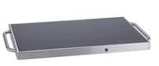 A rectangular warming tray with a stainless steel body, tempered glass surface, two metal side handles, and a red indicator light. Designed to keep food warm, it features a sleek, modern appearance perfect for entertaining.