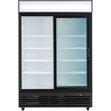 A large capacity commercial refrigerator with two sliding glass doors, black frame, and five white wire shelves inside. The left door is fully transparent, while the right shows condensation. “Empura” branding is visible at the bottom.