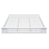 A white, rectangular slatted drawer organizer is shown from the front. It has three sections with side walls and evenly spaced horizontal slats across the base and sides, designed to fit inside an Accucold Drawer for organizing items. Featuring full extension capability and optional adjustable dividers, this organizer offers versatile storage for a neat and accessible drawer space.