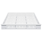 A white, rectangular slatted drawer organizer is shown from the front. It has three sections with side walls and evenly spaced horizontal slats across the base and sides, designed to fit inside an Accucold Drawer for organizing items. Featuring full extension capability and optional adjustable dividers, this organizer offers versatile storage for a neat and accessible drawer space.