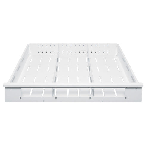 A white, rectangular slatted drawer organizer is shown from the front. It has three sections with side walls and evenly spaced horizontal slats across the base and sides, designed to fit inside an Accucold Drawer for organizing items. Featuring full extension capability and optional adjustable dividers, this organizer offers versatile storage for a neat and accessible drawer space.