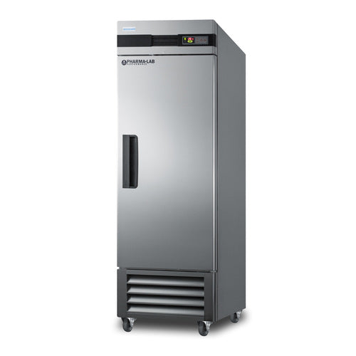 A tall, stainless steel, single-door laboratory refrigerator stands on four wheels. The door has a black handle, a digital temperature display at the top, ventilation grilles at the bottom, and PHARMA-LAB branding on the door. Ideal for use as a commercial reach-in freezer or medical freezer, this unit delivers reliable performance and precise temperature control for demanding laboratory environments.