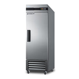A tall, stainless steel, single-door laboratory refrigerator stands on four wheels. The door has a black handle, a digital temperature display at the top, ventilation grilles at the bottom, and PHARMA-LAB branding on the door. Ideal for use as a commercial reach-in freezer or medical freezer, this unit delivers reliable performance and precise temperature control for demanding laboratory environments.