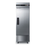 A tall, stainless steel upright laboratory refrigerator with a black handle, digital control panel, and vents at the bottom. This commercial reach-in freezer stands on four caster wheels and features a “PHARMA LAB” label on the top left of the door.