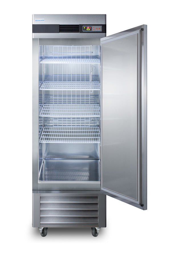 A stainless steel commercial reach-in freezer with a glass door, open to reveal five empty wire shelves inside. The digital temperature display and control panel are visible at the top, and the unit stands on four caster wheels—making it ideal for use as a medical freezer or pharma-lab all-freezer in professional settings.