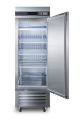 A stainless steel commercial reach-in freezer with a glass door, open to reveal five empty wire shelves inside. The digital temperature display and control panel are visible at the top, and the unit stands on four caster wheels—making it ideal for use as a medical freezer or pharma-lab all-freezer in professional settings.