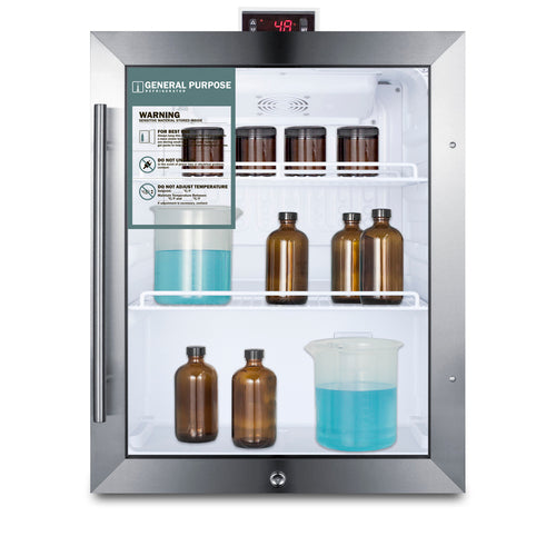 A stainless steel medical refrigerator, door closed, displays a NIST calibrated digital temperature of 4.8°C. Inside are brown glass bottles, some large, some small, and two graduated beakers with blue liquid. A warning label is visible on the inside of the door.