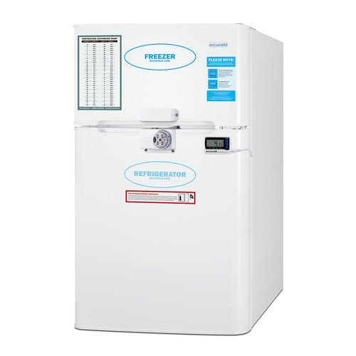 White upright healthcare refrigerator-freezer with two compartments. The freezer is on top, labeled in blue, with charts and notes attached. The NIST calibrated refrigerator section is below, also labeled. A small digital display and lock are on the fridge door. The unit stands against a white background.