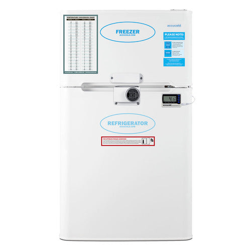 White, two-door healthcare refrigerator-freezer with labeled sections for freezer (top) and refrigerator (bottom). Features include a temperature chart, blue “please note” label, lock, external temperature display, and red safety instructions on the front. This NIST calibrated unit ensures precise temperature monitoring essential for medical storage.