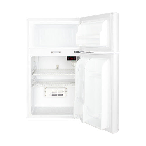 A white, two-door healthcare refrigerator-freezer with the top freezer and lower fridge door open. Both compartments are empty and clean, showing wire shelves and a digital display inside the fridge. This ADA compliant refrigerator is photographed against a plain white background.