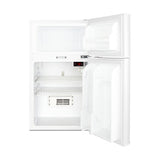 A white, two-door healthcare refrigerator-freezer with the top freezer and lower fridge door open. Both compartments are empty and clean, showing wire shelves and a digital display inside the fridge. This ADA compliant refrigerator is photographed against a plain white background.