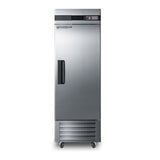 A tall, stainless steel medical refrigerator with a single door, black handle, digital display, and ventilation panel at the bottom. The reach-in refrigerator is on four wheels and has the Pharma-Lab logo on the upper left of the door.