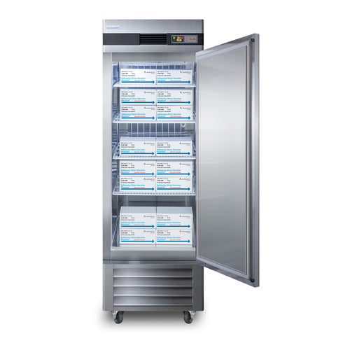 A tall stainless steel medical refrigerator with a glass door opened to the right, revealing five shelves stocked with organized white boxes labeled Pfizer-BioNTech COVID-19 Vaccine. This reach-in refrigerator features digital controls on the upper front panel for precise temperature management.