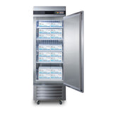 A tall stainless steel medical refrigerator with a glass door opened to the right, revealing five shelves stocked with organized white boxes labeled Pfizer-BioNTech COVID-19 Vaccine. This reach-in refrigerator features digital controls on the upper front panel for precise temperature management.