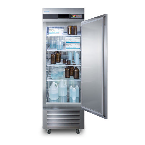 A tall, stainless steel medical refrigerator stands with its door open, revealing shelves storing various bottles and containers—some brown glass and some white or clear plastic—all arranged neatly on wire racks. The digital control panel is visible above the door, emphasizing the precision you’d expect from a professional reach-in refrigerator.