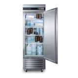 A tall, stainless steel medical refrigerator stands with its door open, revealing shelves storing various bottles and containers—some brown glass and some white or clear plastic—all arranged neatly on wire racks. The digital control panel is visible above the door, emphasizing the precision you’d expect from a professional reach-in refrigerator.