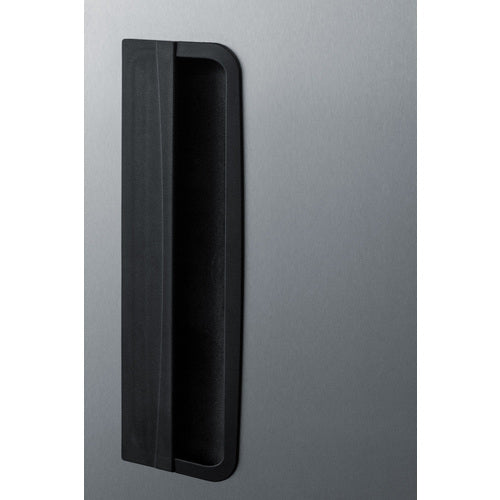 A close-up of a black, recessed door handle set vertically on a stainless steel surface, likely part of a reach-in refrigerator or freezer. The background is smooth, metallic gray, and the design is modern and minimalist.