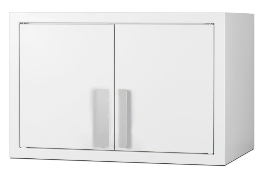 A plain white rectangular wall cabinet with two closed doors, each featuring a vertical silver handle. The cabinet has a simple, modern design, comes with mounting hardware for easy installation, and sits on a white background.