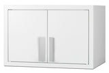 A plain white rectangular wall cabinet with two closed doors, each featuring a vertical silver handle. The cabinet has a simple, modern design, comes with mounting hardware for easy installation, and sits on a white background.