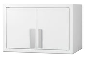A plain white rectangular wall cabinet with two closed doors, each featuring a vertical silver handle. The cabinet has a simple, modern design, comes with mounting hardware for easy installation, and sits on a white background.