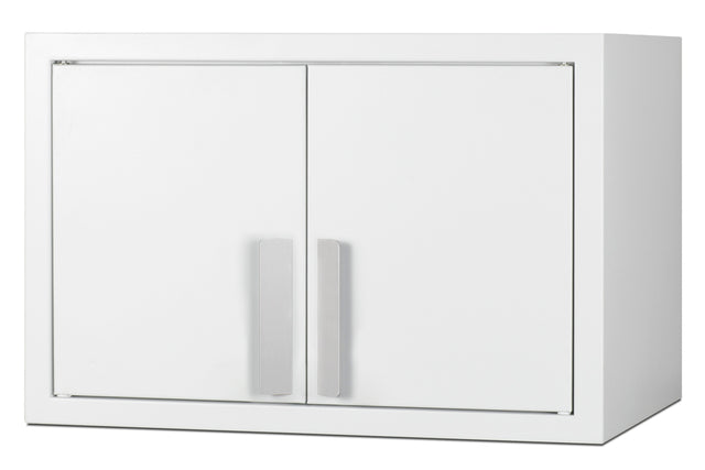 A plain white rectangular wall cabinet with two closed doors, each featuring a vertical silver handle. The cabinet has a simple, modern design, comes with mounting hardware for easy installation, and sits on a white background.