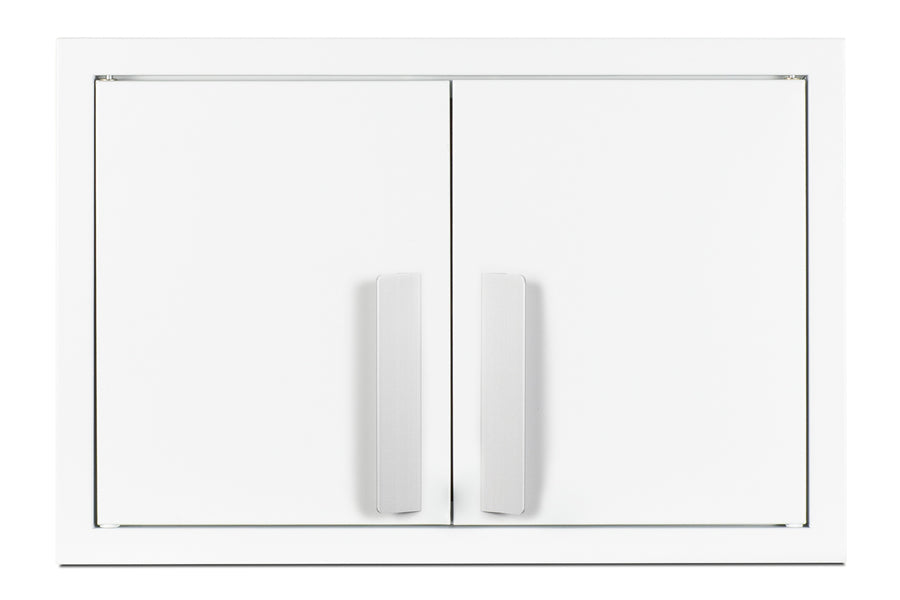 A white metal wall cabinet with two closed doors and vertical handles, set against a plain white background. The cabinet design is modern and minimalistic, featuring clean lines, a smooth finish, and adjustable shelves inside for customizable storage. The image is well-lit and centered.