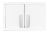 A white metal wall cabinet with two closed doors and vertical handles, set against a plain white background. The cabinet design is modern and minimalistic, featuring clean lines, a smooth finish, and adjustable shelves inside for customizable storage. The image is well-lit and centered.