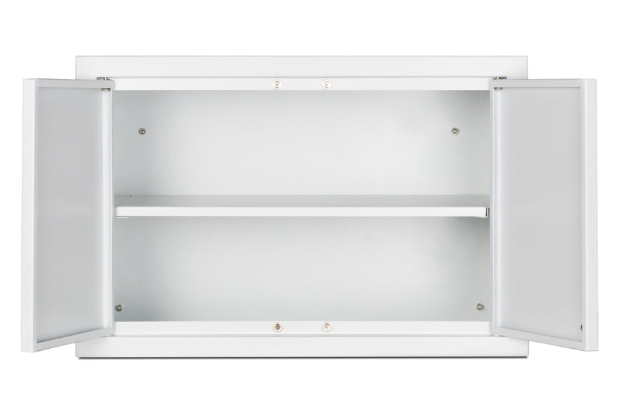 A white, rectangular wall cabinet with two doors open outward reveals an empty interior. The cabinet has one horizontal shelf dividing the space into two sections, and the background is plain white. Designed with simplicity in mind, this wall cabinet does not feature any handles or decorative elements and includes mounting hardware for easy installation.