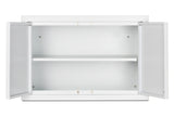 A white, rectangular wall cabinet with two doors open outward reveals an empty interior. The cabinet has one horizontal shelf dividing the space into two sections, and the background is plain white. Designed with simplicity in mind, this wall cabinet does not feature any handles or decorative elements and includes mounting hardware for easy installation.