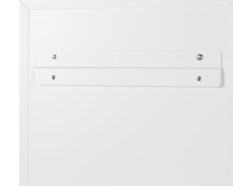 A close-up of a white rectangular metal mounting bracket, typically used as part of mounting hardware for adjustable shelves or a wall cabinet, attached to a plain white wall with two visible screws at the top corners and two empty holes below. The bracket is centered in the image.
