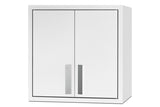 A white, rectangular wall cabinet with two closed doors and silver vertical handles, positioned near the center of each door. The cabinet has clean, simple lines and a modern, minimalist design, making it perfect for kitchenettes. Inside, adjustable shelves offer flexible storage options for various items. The background is plain and white.