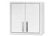 A white, rectangular wall cabinet with two closed doors and silver vertical handles, positioned near the center of each door. The cabinet has clean, simple lines and a modern, minimalist design, making it perfect for kitchenettes. Inside, adjustable shelves offer flexible storage options for various items. The background is plain and white.